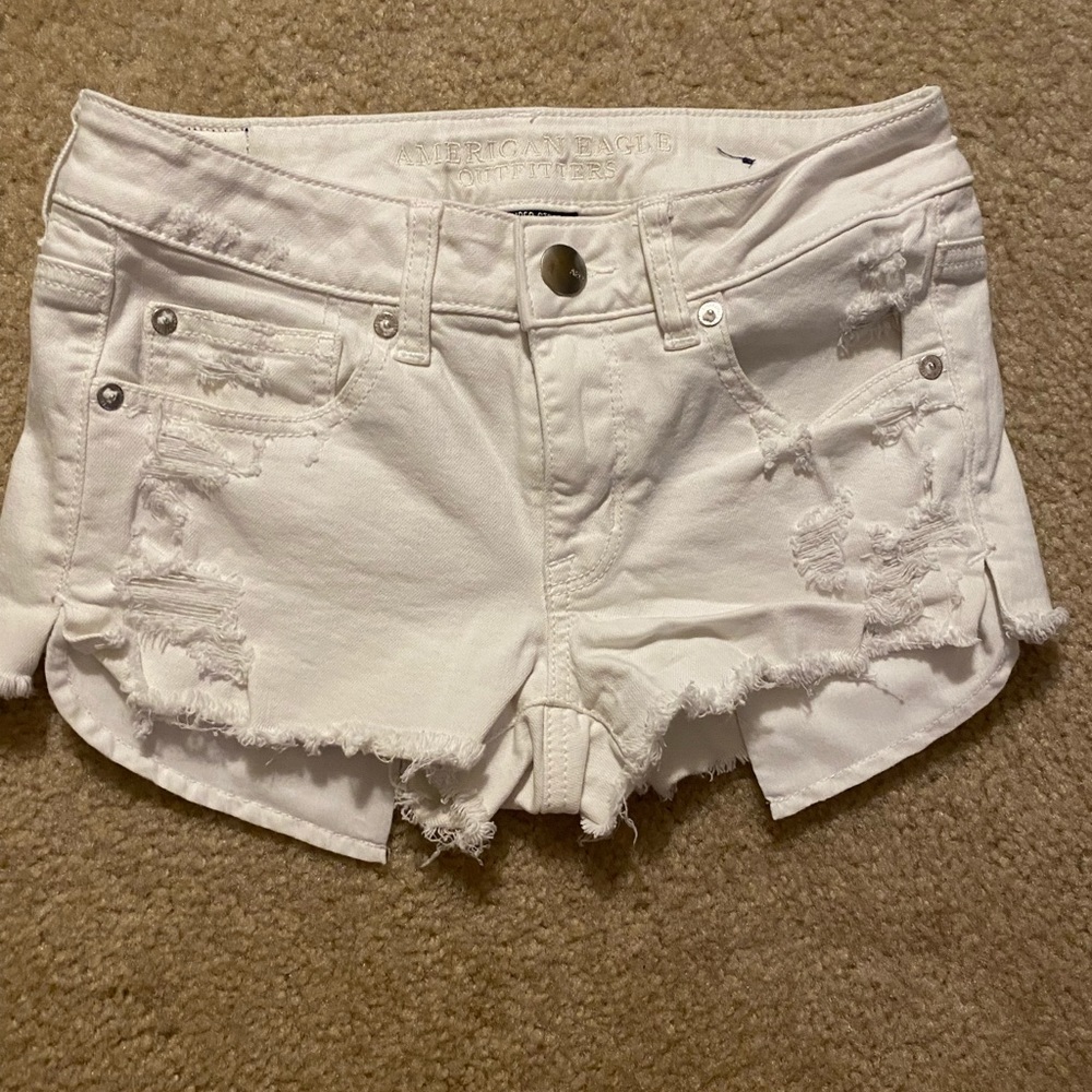 American Eagle White Destroyed Shortie Shorts